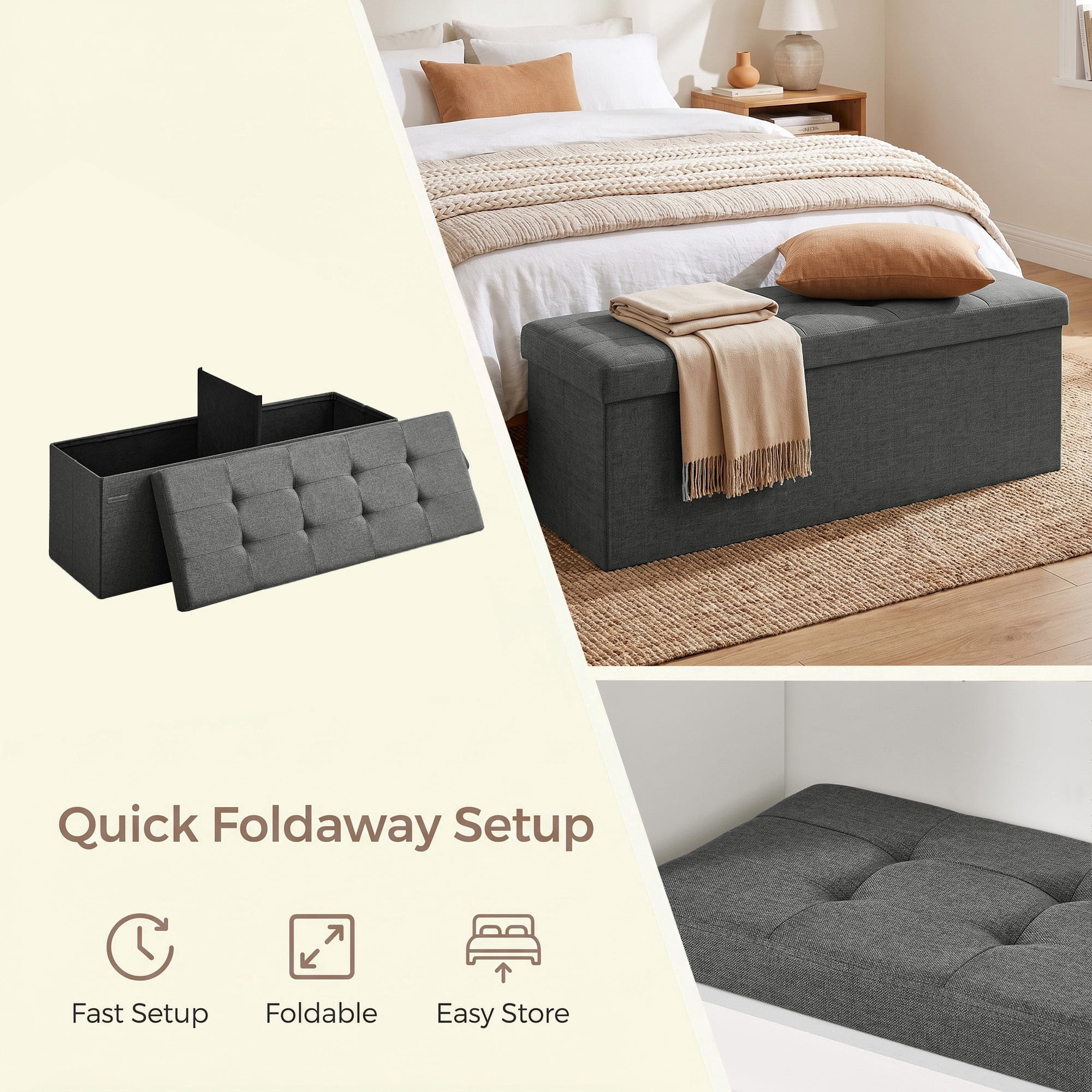 Ledrem Dark Gray Foldable Storage Ottoman Bench with 660lb Capacity, Multi-Functional Footrest and Seat