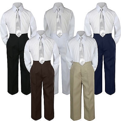 3pc Boy Suit Set Silver Necktie Baby Toddler Kid Formal Shirt Pants S-7 (Best Suit Color For Wedding)