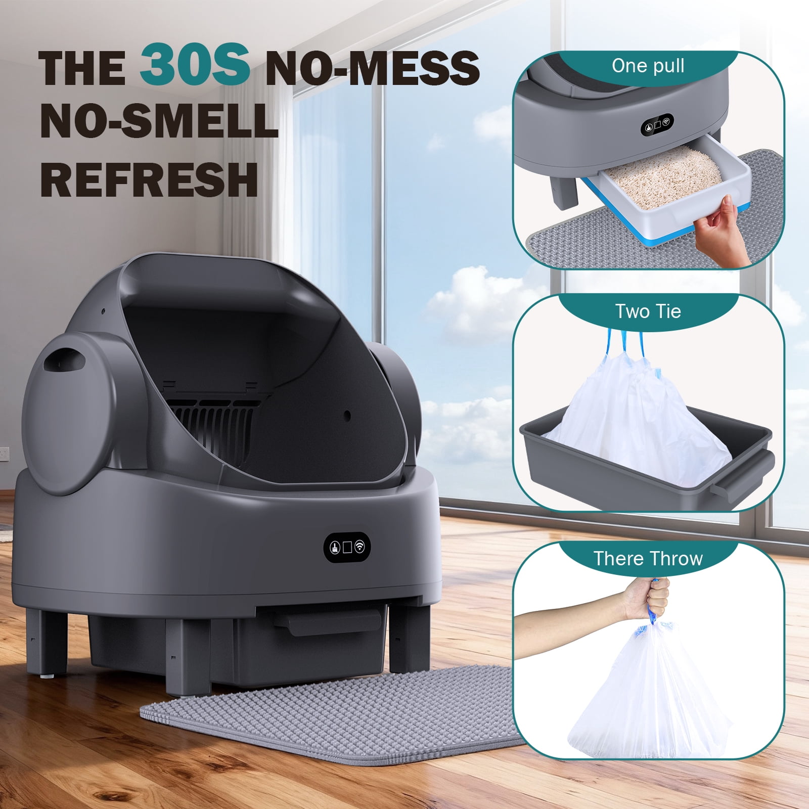 Self-Cleaning Litter Box Automatic Open-Top Cat Litter Box with App & Safety Features – Includes Litter Liners & Mat – Light Grey