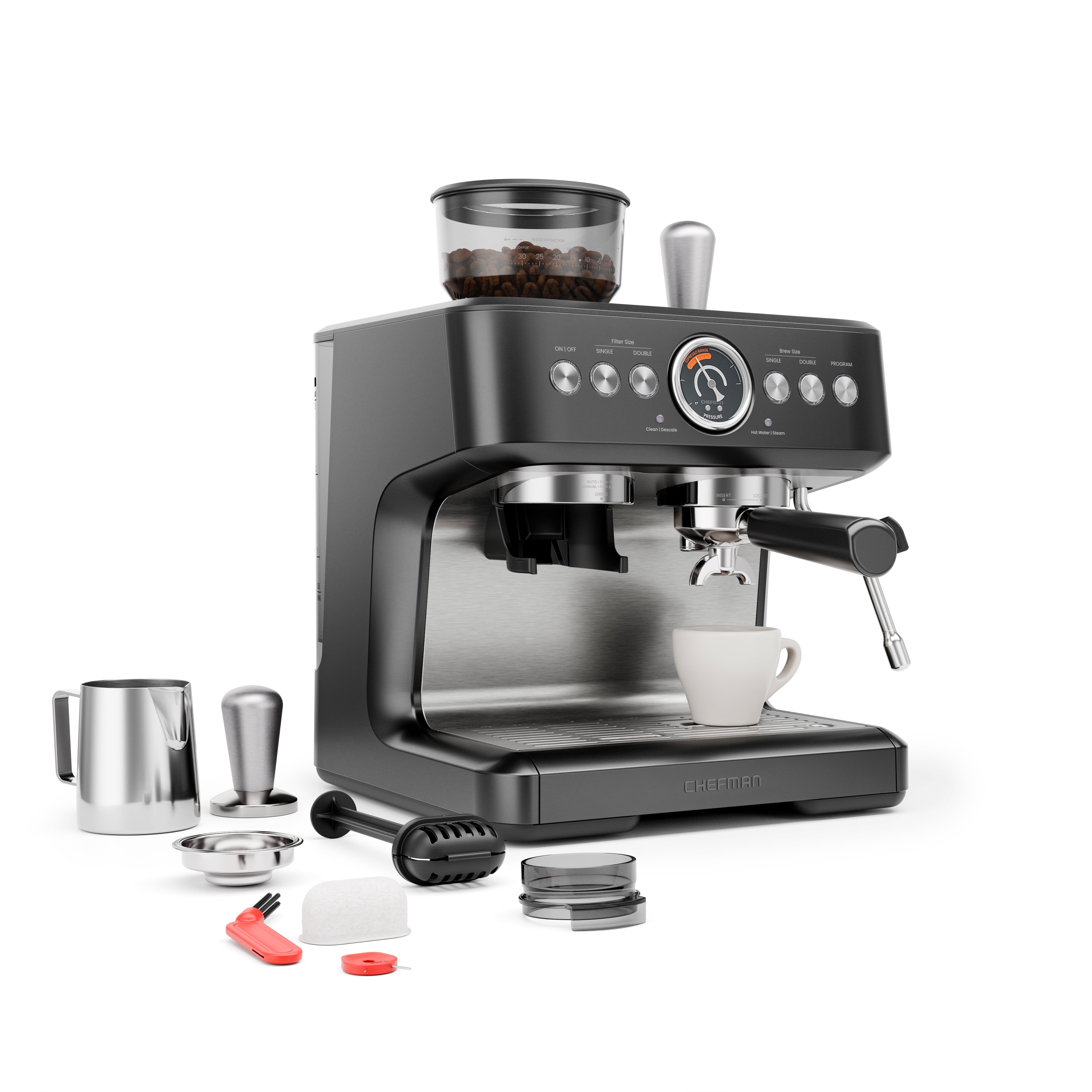 Chefman Crema Deluxe Double Boiler Espresso Machine, Conical Burr Grinder and Steam Wand – Black