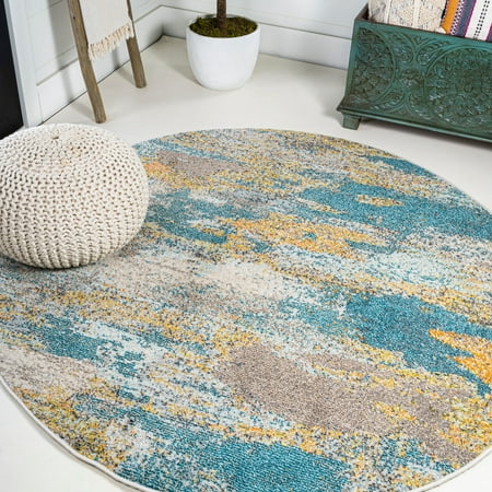 JONATHAN Y CONTEMPORARY POP 5 Round Area Rug Modern Abstract Vintage Waterfall - Blue/Brown/Orange CTP106A-5R