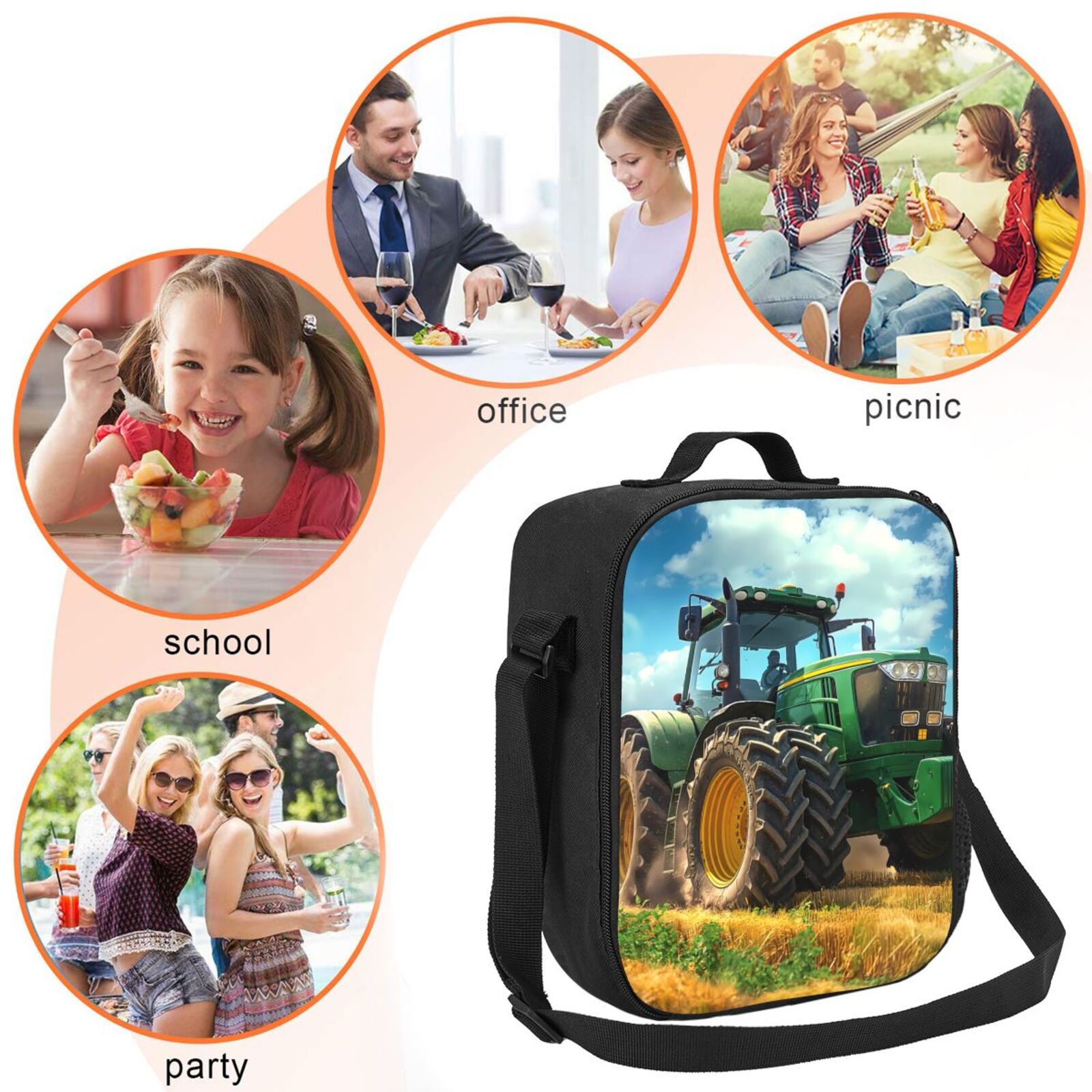 Ratiio Green Tractor Field Print Lunch Box - Reusable Lunch Bag Men Adult Women- Insulated LunchBox