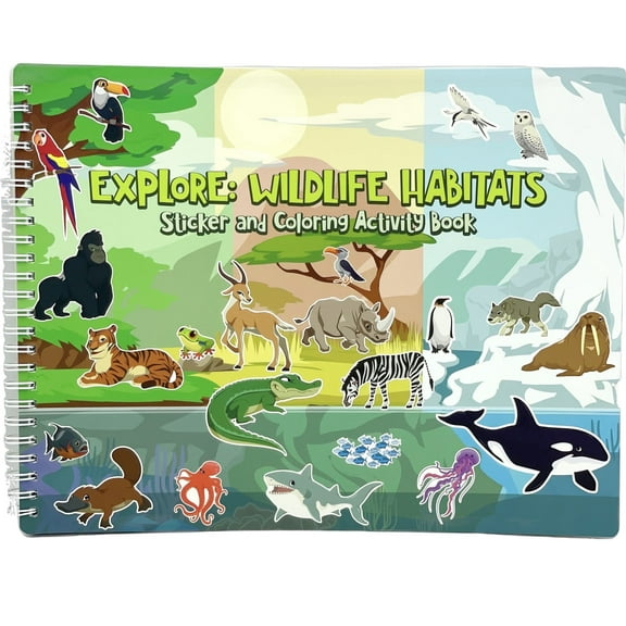 Animal Habitats Sticker and Coloring Book. 9 Habitats with Stickers and Coloring Pages. Engaging, Educational, Interactive, Fun, and Colorful.
