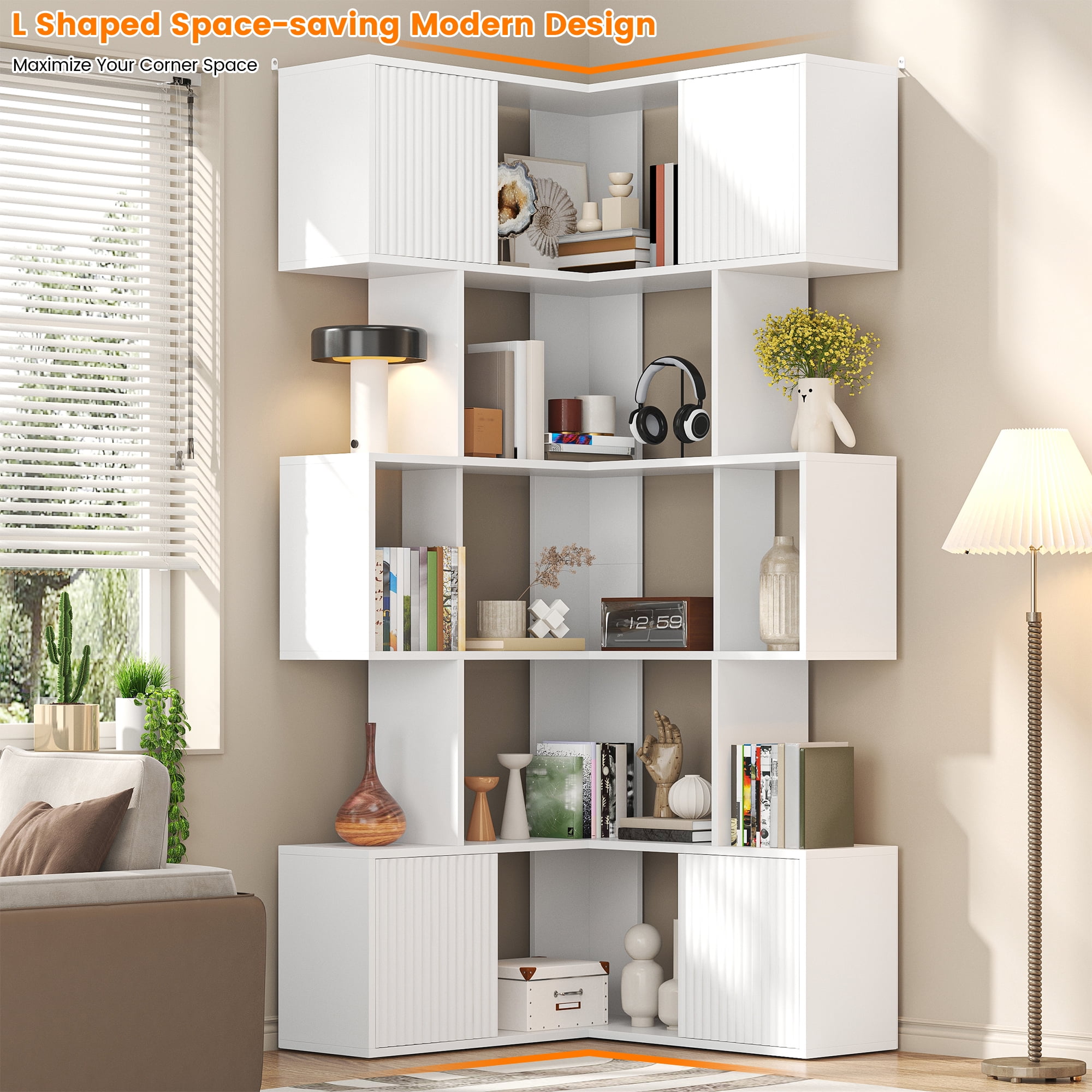 ModFurne 71 inch L-Shaped Corner Bookshelf, 5 Tier Cube Storage Bookcase, Wood Modern Book Shelf Organizer for Living Room/Home Office/Bedroom, White