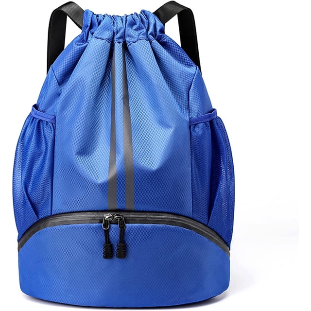 Mochila con cordón Mochila deportiva con bolsillos laterales de malla Compartimento para zapatos Bolsa con cordón resistente al agua para mujeres y hombres (azul)