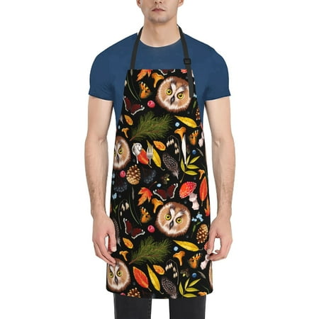 

Qokaie Owl And Leaves for Chef Apron for Men and Women Professional for Cooking With Pockets - Adjustable - Bib Aprons - Water & Oil Resistant