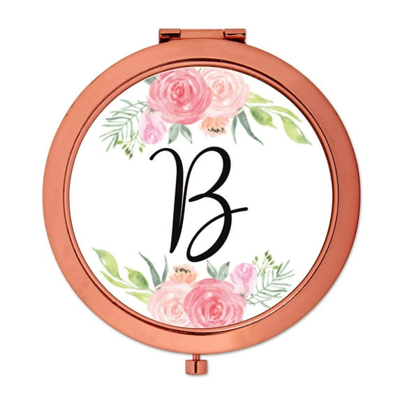 Koyal Wholesale Compact Mirror Bridesmaid's Wedding Gift, Rose Gold, Monogram Letter B, Peach and Pink Roses, 1-Pack