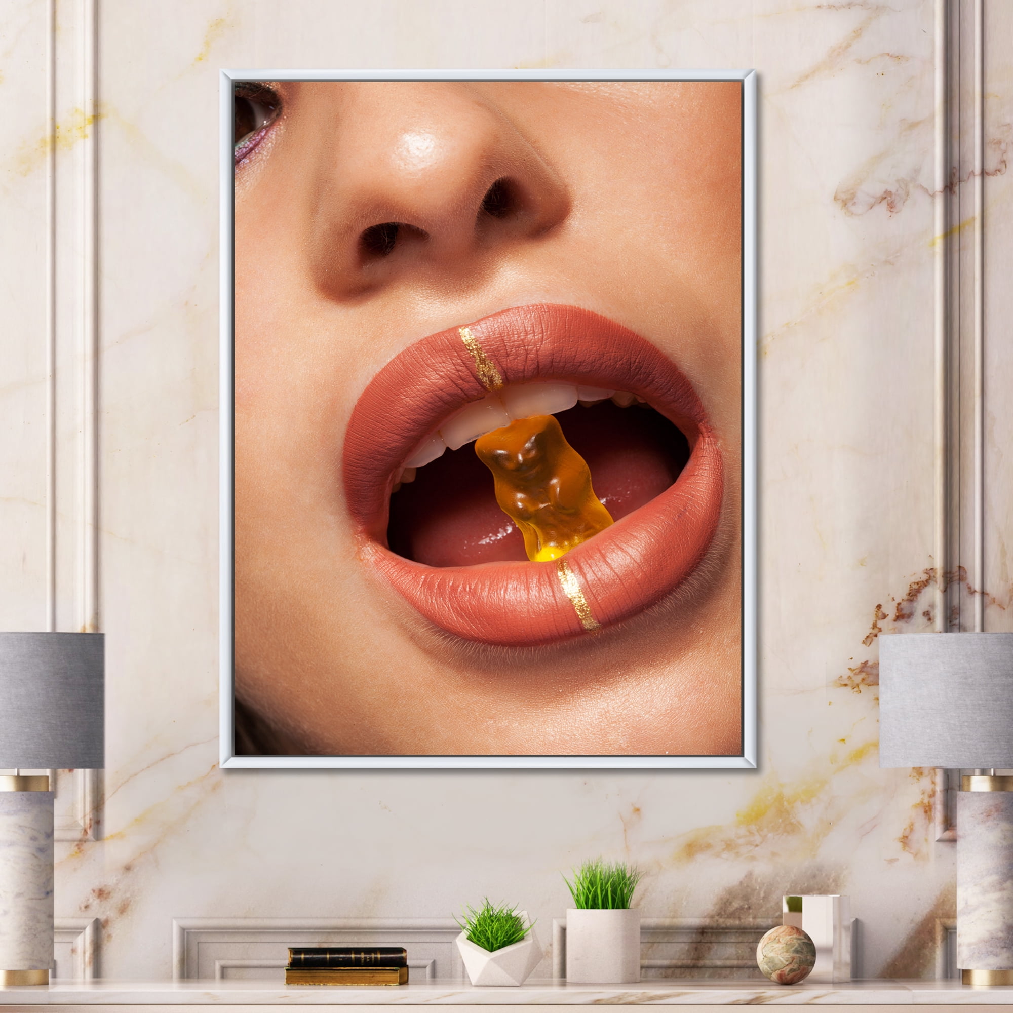Designart 'Close Up VIew of Female Lips Biting Gummy Bear' Modern Framed Canvas Wall Art Print