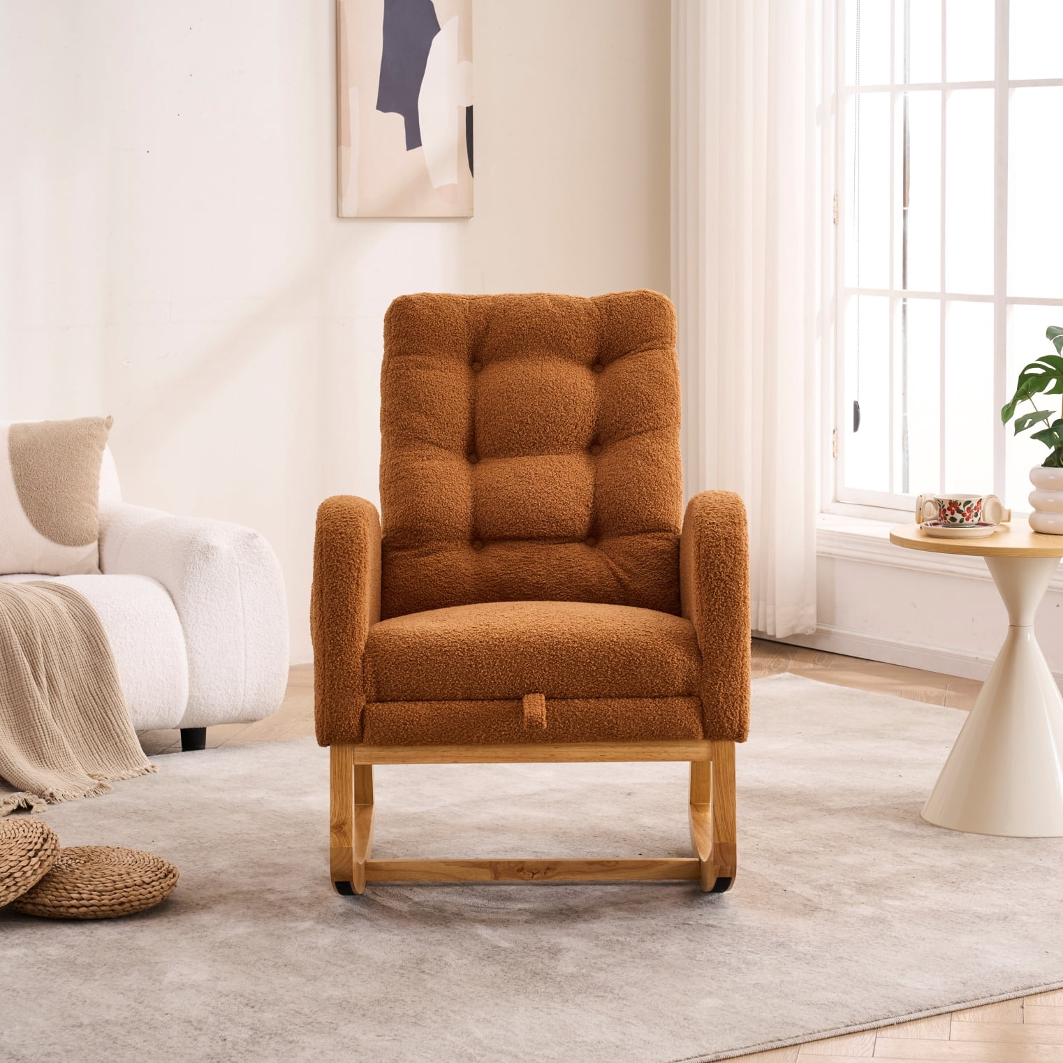 Timbernest Nursery Rocking Chair, Upholstered Arm Chair for Living Room, Comfy Chair with Footrest, Side Pocket and High Backrest, Camel