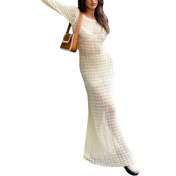 Seyurigaoka Women Summer Knitted Long Dress Leisure Style Solid Color See-through Bodycon Long Sleeve Round Collar Sexy Hollow Beach Cover-Up