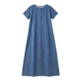 thumbnail image 6 of Vivianyo HD Women's Pluse Size Casual Crew Neck Light Denim Maxi Dress, Womens Loose Straight Short Sleeve Long Dresses for Vacation, Women's Blue, Sizes S-5XL, 6 of 7