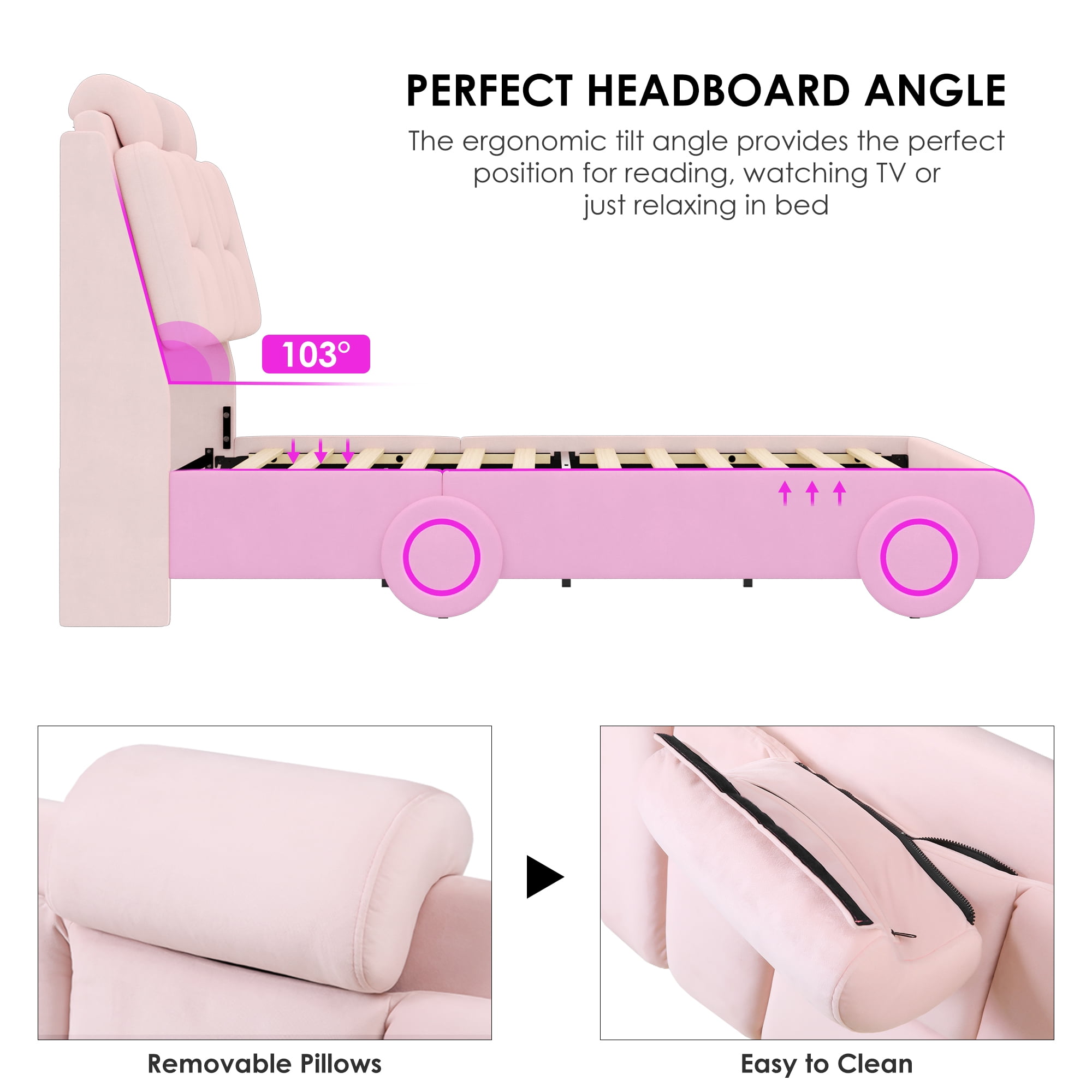 Homfa Full Size Car Bed Frame with LED Wheels, Velvet Upholstered Platform Bed with Adjustable Headboard and Removable Pillows, Pink