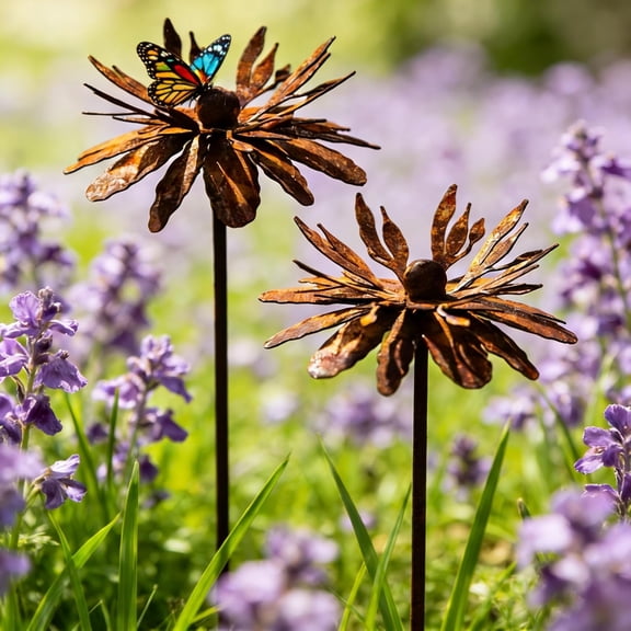 Metal Flower Garden Stake,Rustic Yard Art Ornament,Weather Resistant Outdoor Sculpture,Ideal for Flower Pots,Patio,Lawn,Backyard and Garden Decor
