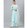 thumbnail image 3 of Janasya Indian Keyhole Neck 3/4 Sleeve Solid Sky Blue Poly Silk Kurta With Palazzo and Dupatta For Women, 3 of 8