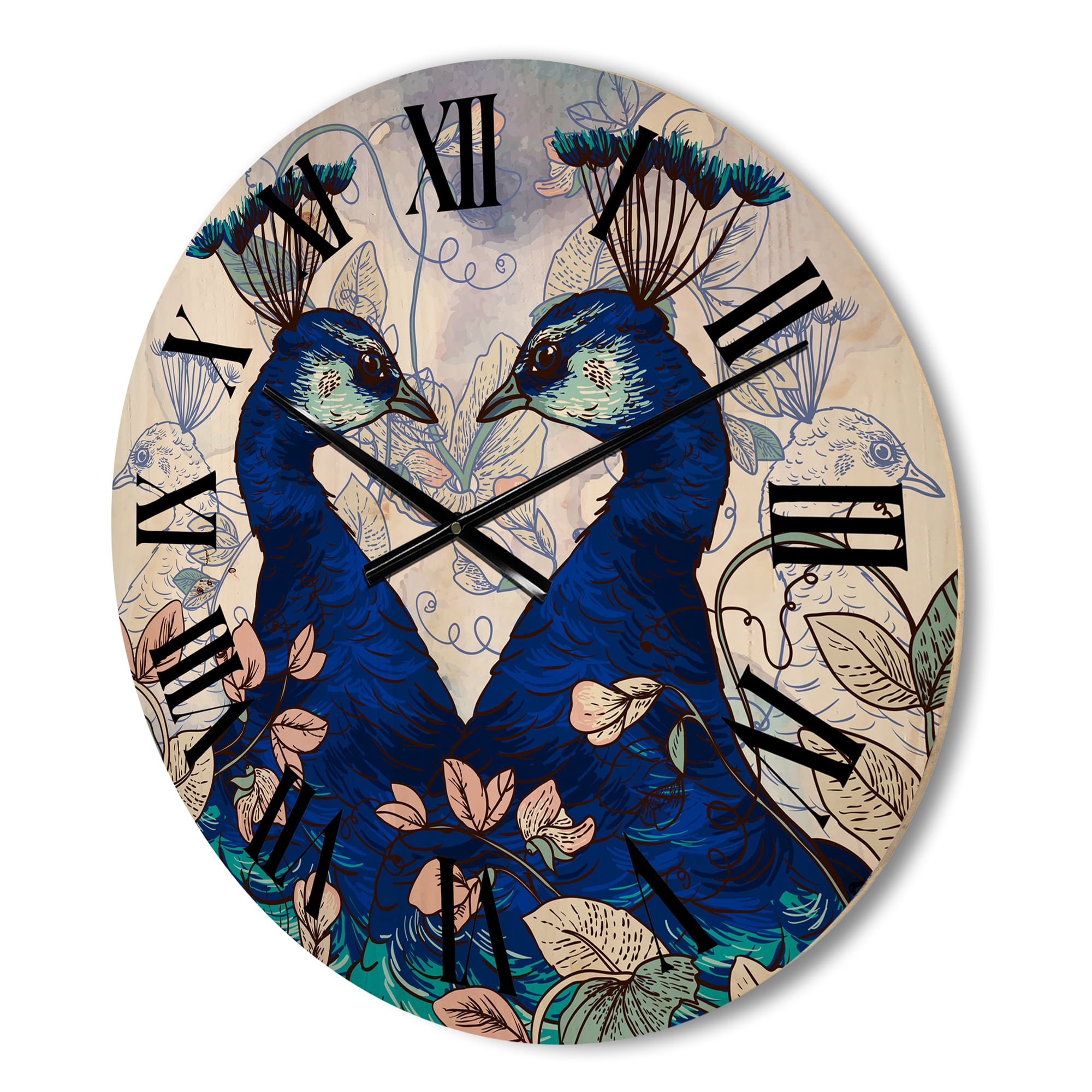 Designart 'Wildflowers With Two Blue Peacocks' Traditional Wood Wall Clock