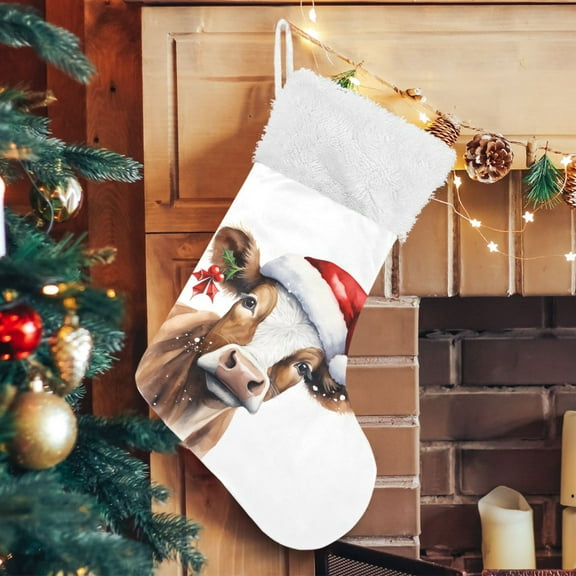 Ryvnso Christmas Stockings Cow with Christmas Hat 17.7" Large Stocking Decoration 1 Pack