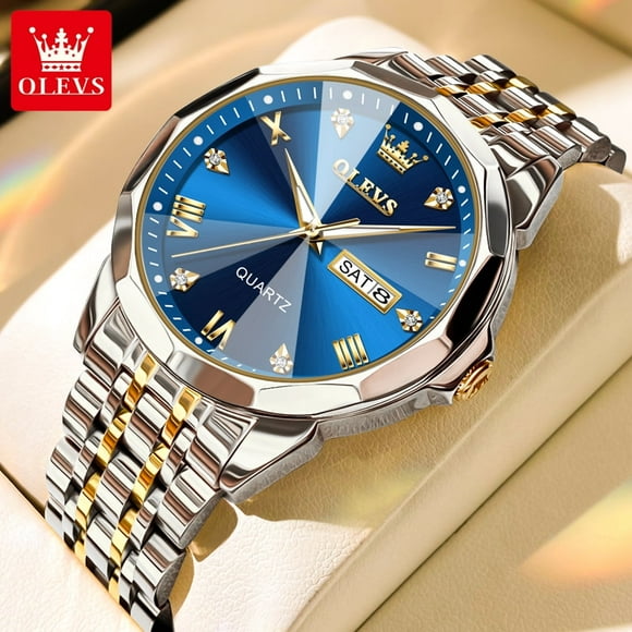 OLEVS Blue Face Watches for Men Big Dial Watch Men Day Date Diamond Luxury Watches for Men Gold and Silver Stainless Steel Men Wrist Watches Dress Waterproof Watch for Men Cassic