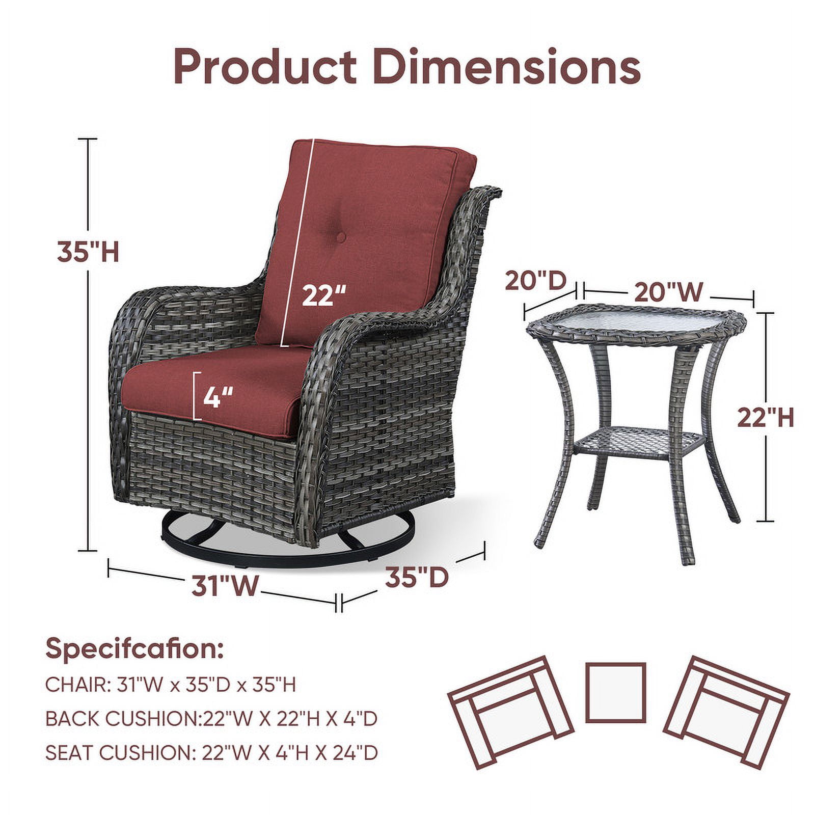 PARKWELL 3-Piece Outdoor Swivel Gliders with Thick Cushions and Side Table - Rattan Wicker Bistro Furniture Set - Gray Wicker and Red Cushion