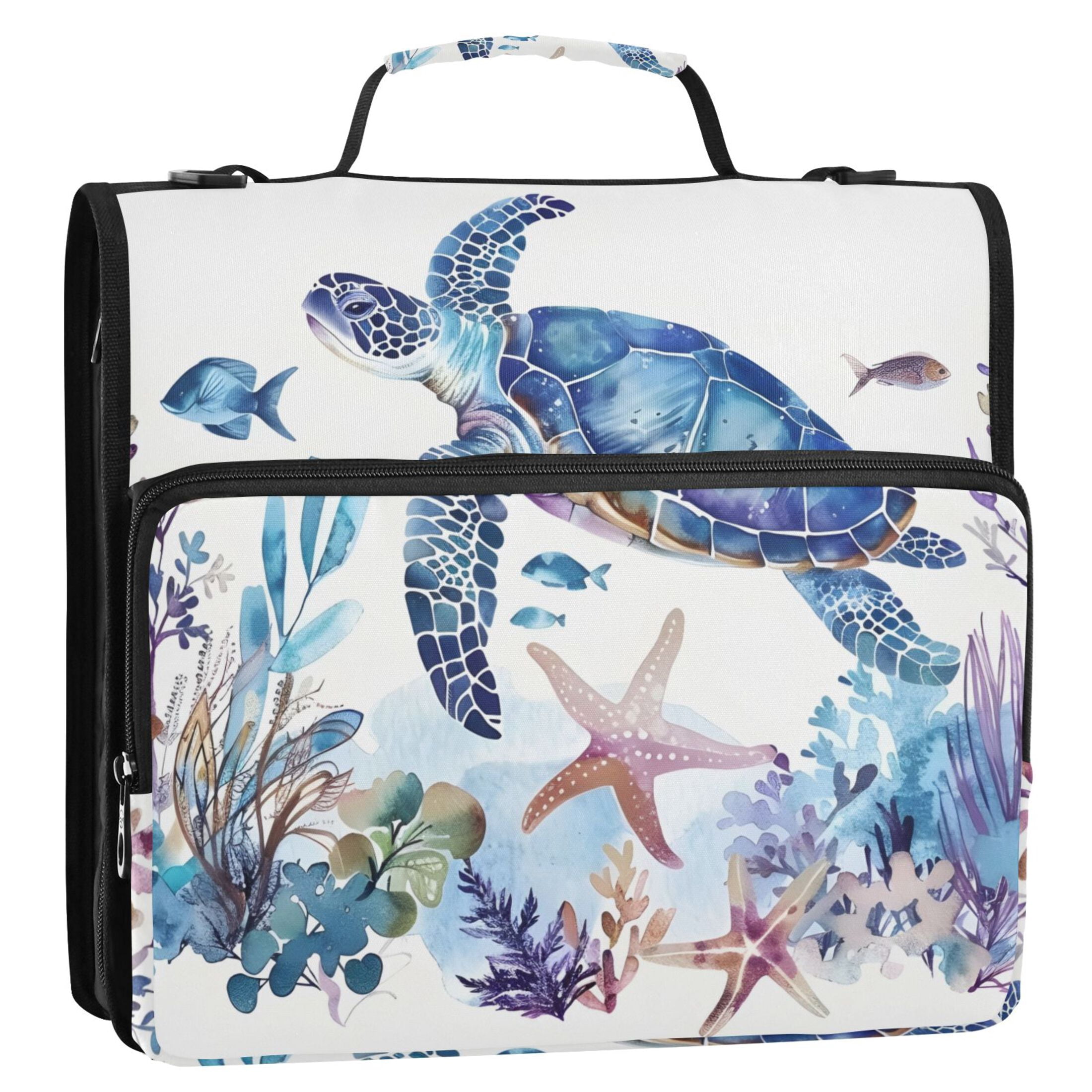 3 Ring Zipper Binder with Shoulder Strap Waterproof Trapper Keeper 2 Inch D-Ring 500 Sheets Capacity Turtle Fish Starfish Seaweed