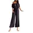thumbnail image 2 of UTSJKR Clearance Women's Off Shoulder Jumpsuit Wide Leg Summer Romper Loose Fit Drawstring Waist Short Sleeve Bohemian Beach Jumpsuit Black M, 2 of 7