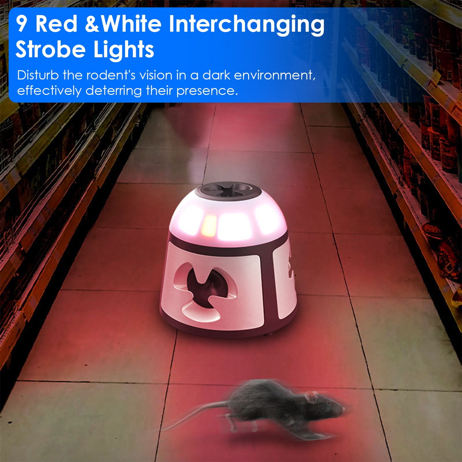 Imountek 360° Ultrasonic Mice Repellent 4 Modes 9 LED Strobe Lights Alarm Horn Indoor Pest Control for Kitchen Garage Warehouse