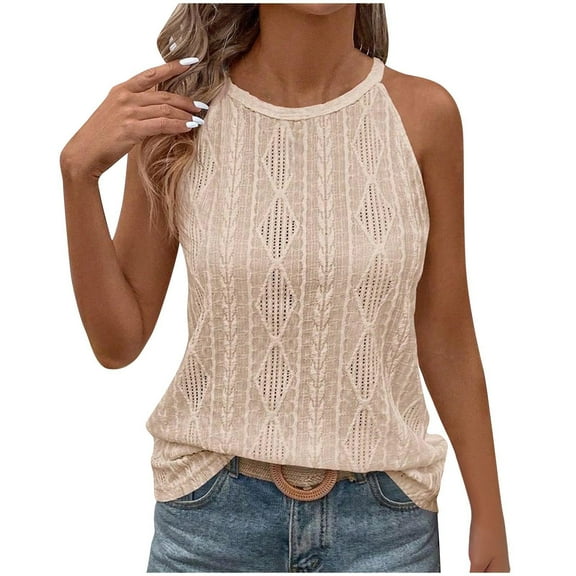 MIUOWANP Sequin Tops for Women Sexy Fashion Womens Casual Solid Color Round Neck Sleeveless Tops Blouses Tank Beige XL