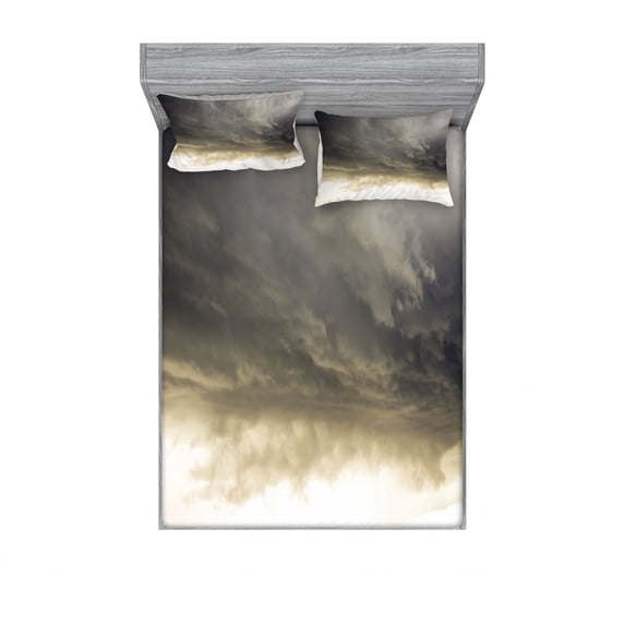 Clouds Bedding Set with Sheet & Covers, Heavy Storm Clouds in Dark Sky Hurricane Weather Cloudscape Mass of Liquid Droplets Image, Printed Bedroom Decor 2 Shams, 4 Sizes, Grey, by Ambesonne