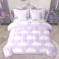 Homewish Cartoon Cloud Twin Bedding Sets 7-Piece for Preppy Child Kids,Purple White Bedding Comforter Set Microfiber,Dreamy Princess Breathable Sheet Sets,Luxury Bedroom Decor,Reversible