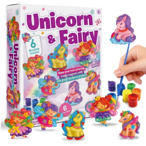 Piano Potato DIY Unicorn & Fairy Magnet Painting Kit - Craft Your Own 3D Fridge Magnets with Plaster Molds, Paints, & Glitter - Creative STEM Gift for Girls Ages 6-12