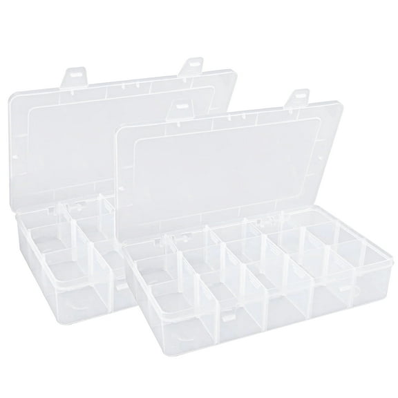 HEYMKGO 2-Pack Clear Plastic Organizer Box with 15 Compartments & Removable Dividers – 10.8x6.3x2.2inch Stackable Storage for Fishing Tackle, Beads, Jewelry, Crafts for Multi-Purpose Organization