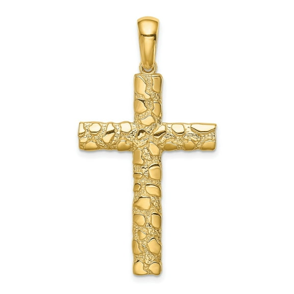 10k Yellow Gold Textured Nugget Cross Pendant Necklace for Men and Women Religious Polished Finish Modern Faith Jewelry Unisex Sculptural Organic Design Spiritual Accessory