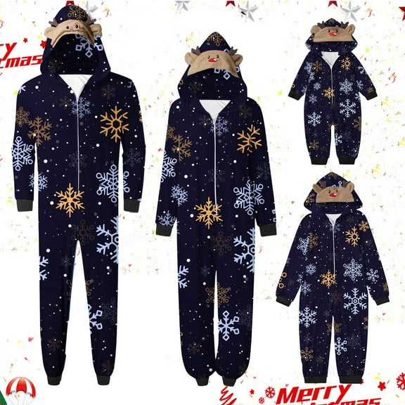Lovskoo 2024 Family Christmas Pajamas Matching Sets Onesie Printed Long Sleeve Hooded Pajamas Jumpsuit Parent-Child Warm Set Wear Dad Navy