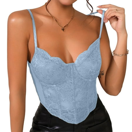 Ovticza Women s Sexy Floral Lace Sheer Mesh Corset Bodysuit Spaghetti Strap Cami Tops V Neck Going Out Tank Top Light Blue L