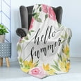 thumbnail image 4 of Saying Soft Flannel Fleece Throw Blanket, Hand Lettering Hello Summer Message Watercolor Style Blossoming Seasonal Flowers, Cozy Plush for Indoor and Outdoor Use, 50" x 70", Multicolor, by Ambesonne, 4 of 5