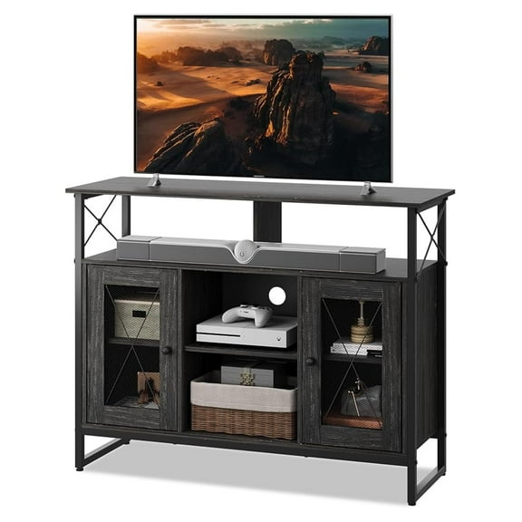 TV Stand for 43 Inch TV, Small Entertainment Center with Storage Cabinet & Adjustable Shelves, Farmhouse Industrial TV Stands for Living Room and Bedroom, 32" TV Console, Black