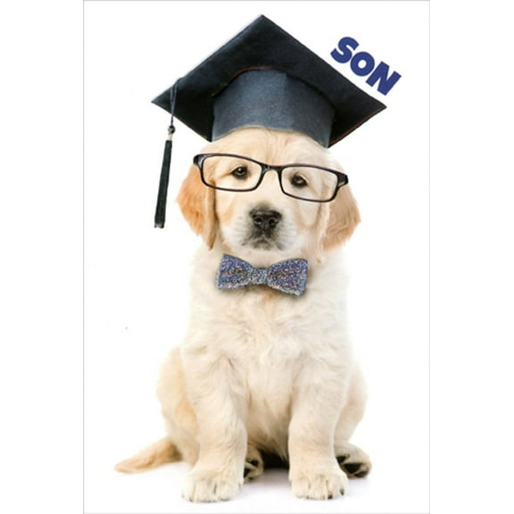 Pictura Puppy Wearing Grad Cap, Glasses and Bow Tie Graduation Congratulations Card for Son