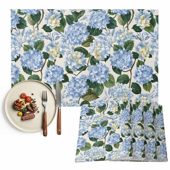 Placemats Set of 6, Blue Hydrangea Floral Place Mats Watercolor Flowers Tablemats Washable Placemat Table Decoration for Kitchen Table Dinner Party Home Decor Indoor Outdoor 13x19 Inch