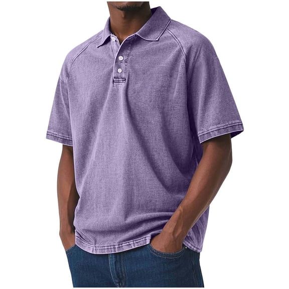 Men's Polo Shirts Short Sleeve Distressed Washed Cotton T-Shirts Button Casual Summer Tee Tops Big and Tall Size S-5XL Purple