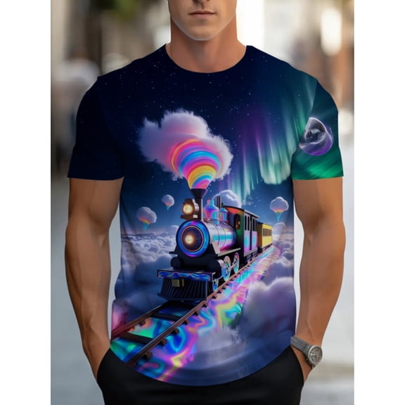 High-quality men's 3D T-shirt with bright train and aurora design, suitable for casual wear in the restaurant or living room, soft fabric, durable structure, comfortable fit
