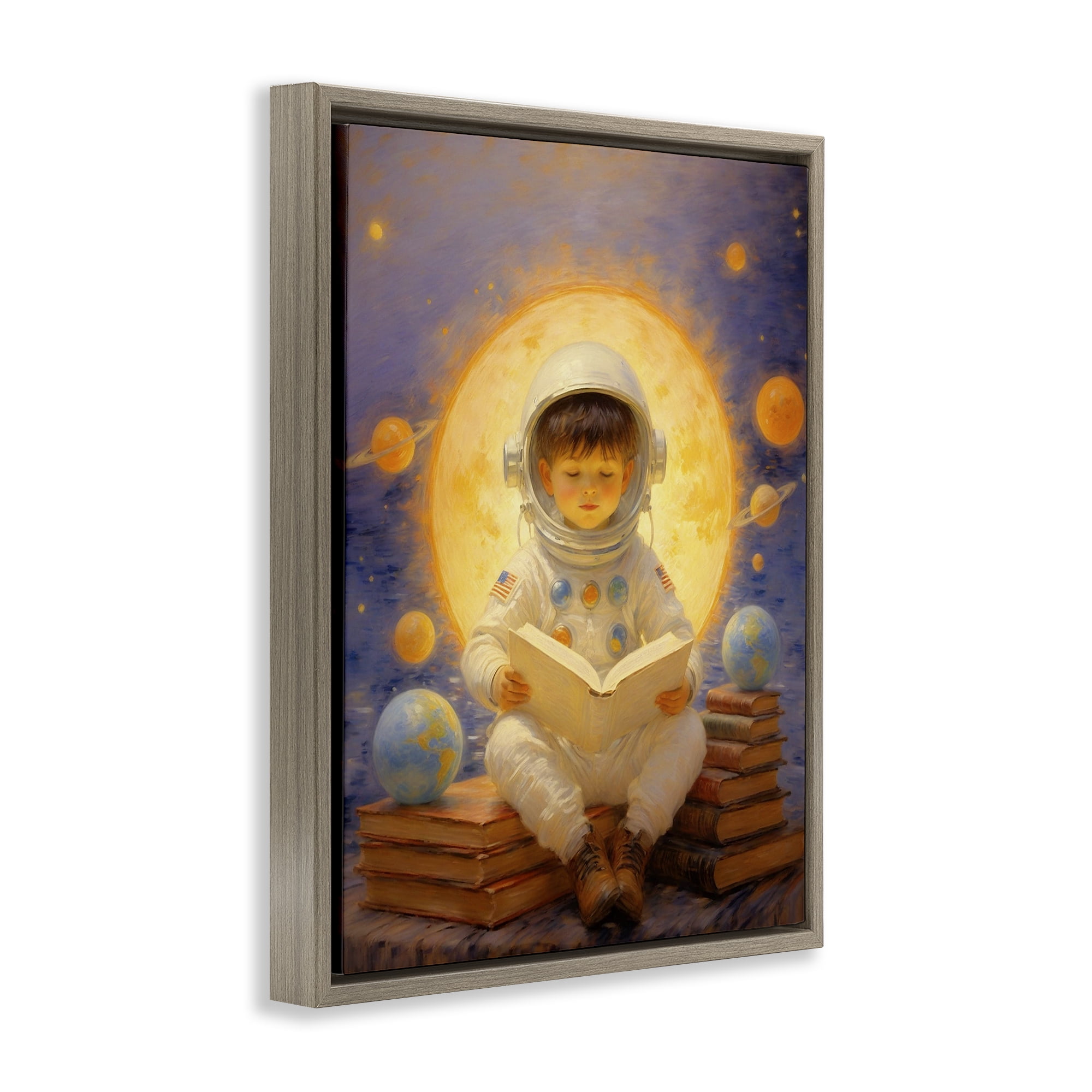 Astronaut Child Learning Brown Framed Floater Canvas Wall Art, design by Angie Hawke