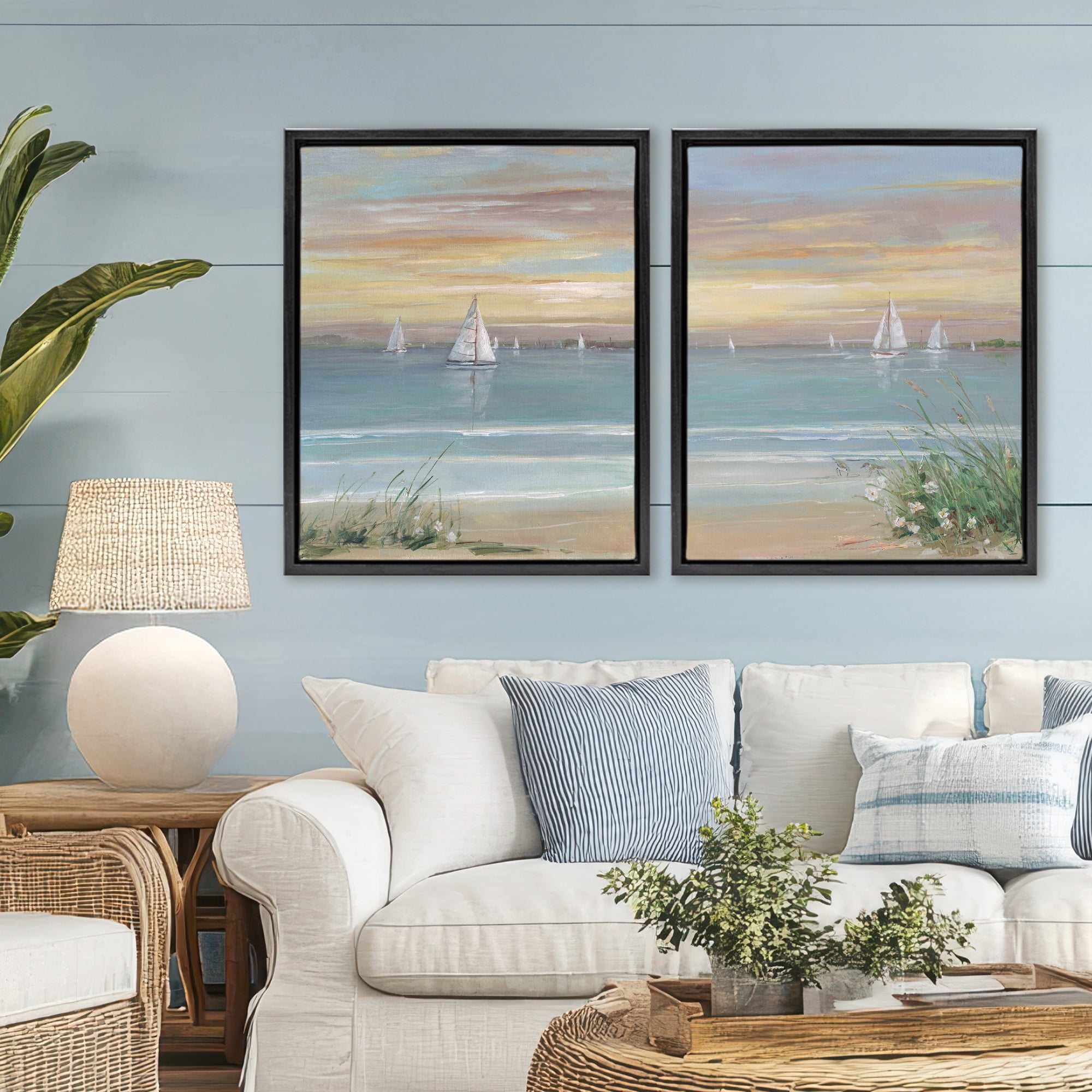 Stupell Industries Summer Shore Panorama 2 Piece Black Framed Floater Canvas Set, design by Sally Swatland