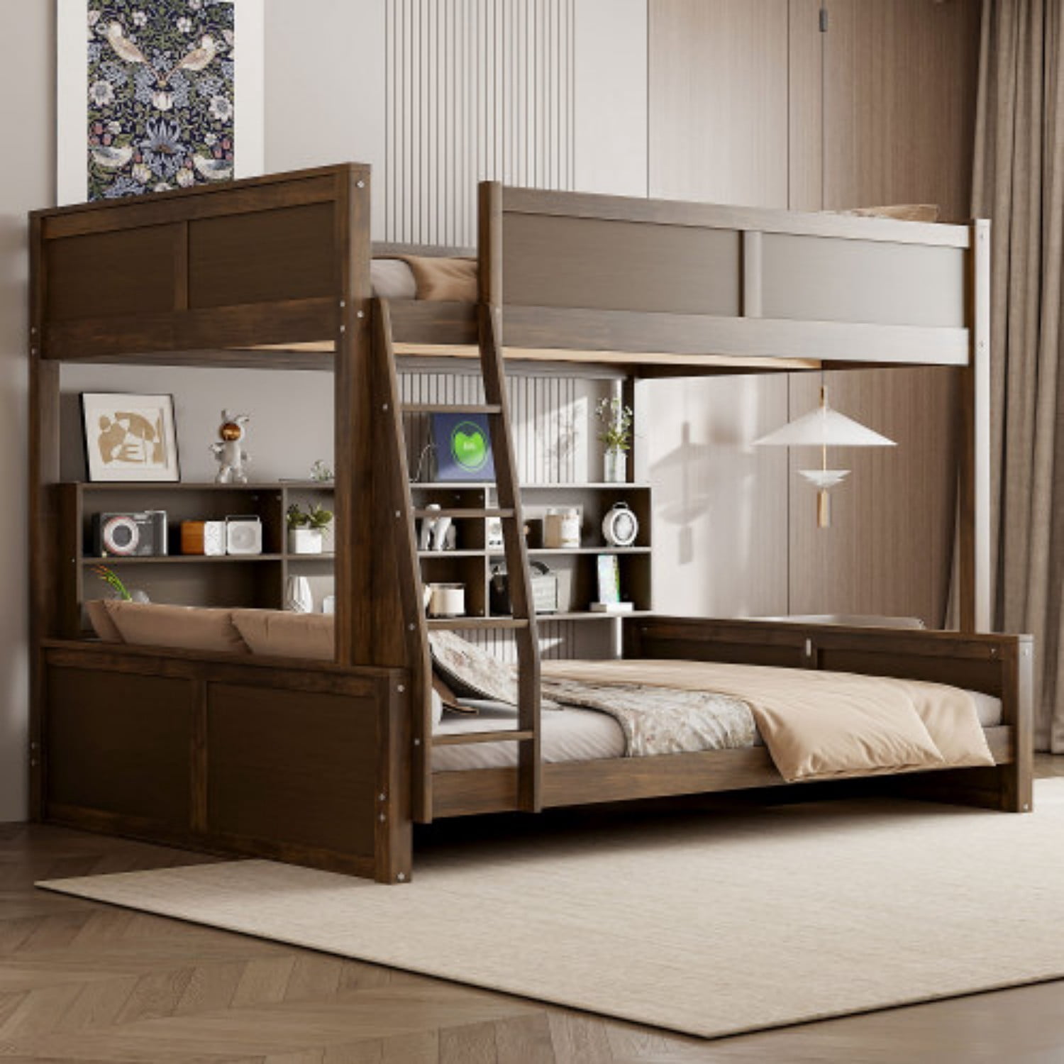 Queen over Queen Bunk Bed with Storage Cabinets & USB Ports, Solid Wood Frame, Space Saving Double Bunk Bed for Bedroom, Antique Wood, Natural