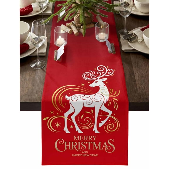 Christmas Table Runner Reindeer Table Runners Golden Deer Elk Red Cotton Linen Dresser Scarf Kitchen Dining Table Decor for Christmas Holiday Party Decor 13x90 Inch