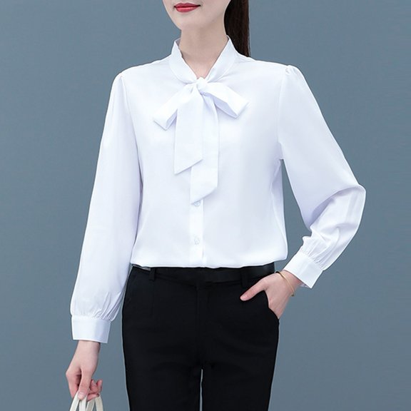 ZenCart Women Office Shirt Stand Collar Long Sleeve Lace-Up Bow Women Blouse Solid Color Single-Breasted Shirt