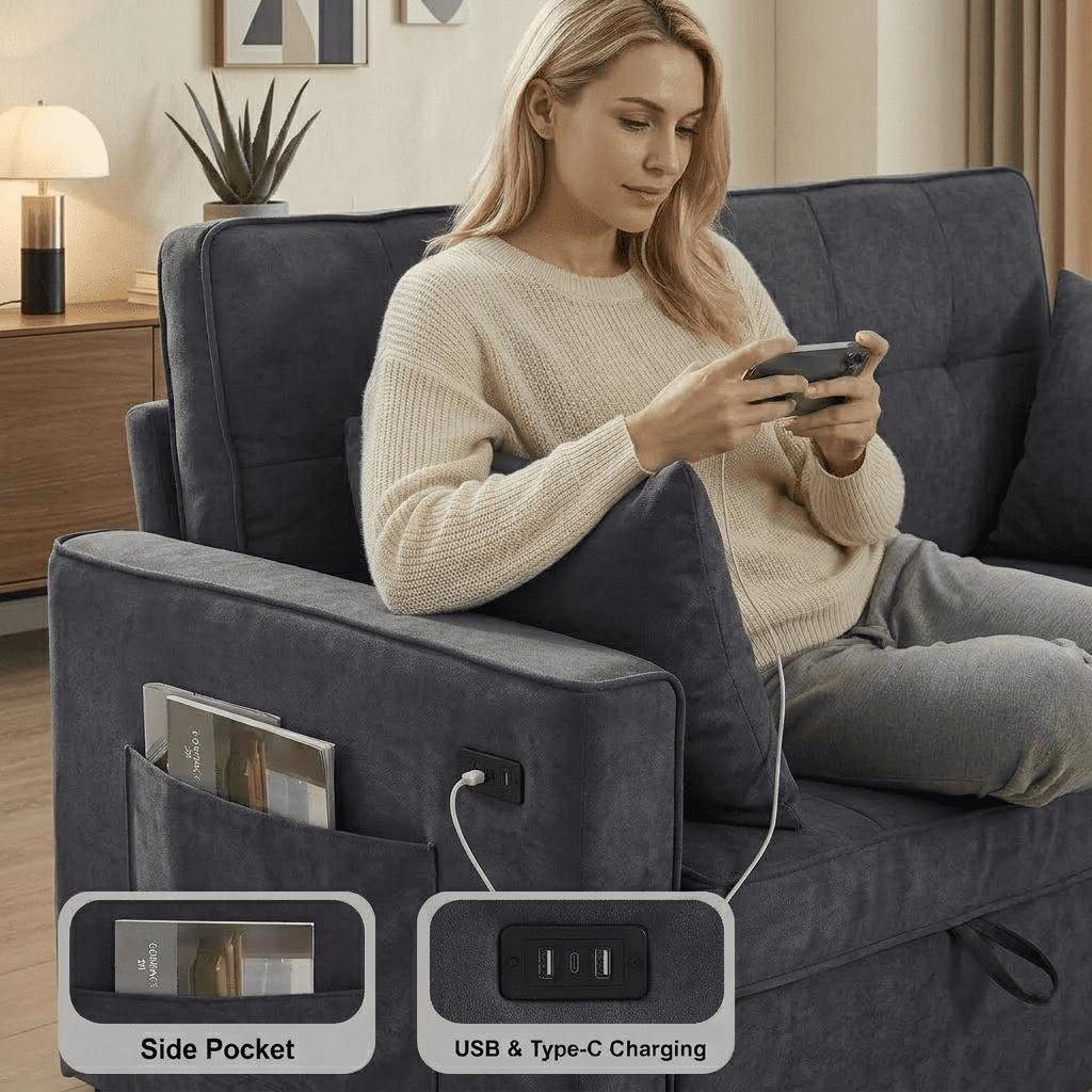 Howcool 55" Sleeper Sofa Bed, 3-in-1 Pull Out Convertible Loveseat Couch with 5-Level Adjustable Backrest, USB Port & Side Pocket, Terry Fabric Sofa for Living Room, Bedroom & Small Spaces,Dark Grey