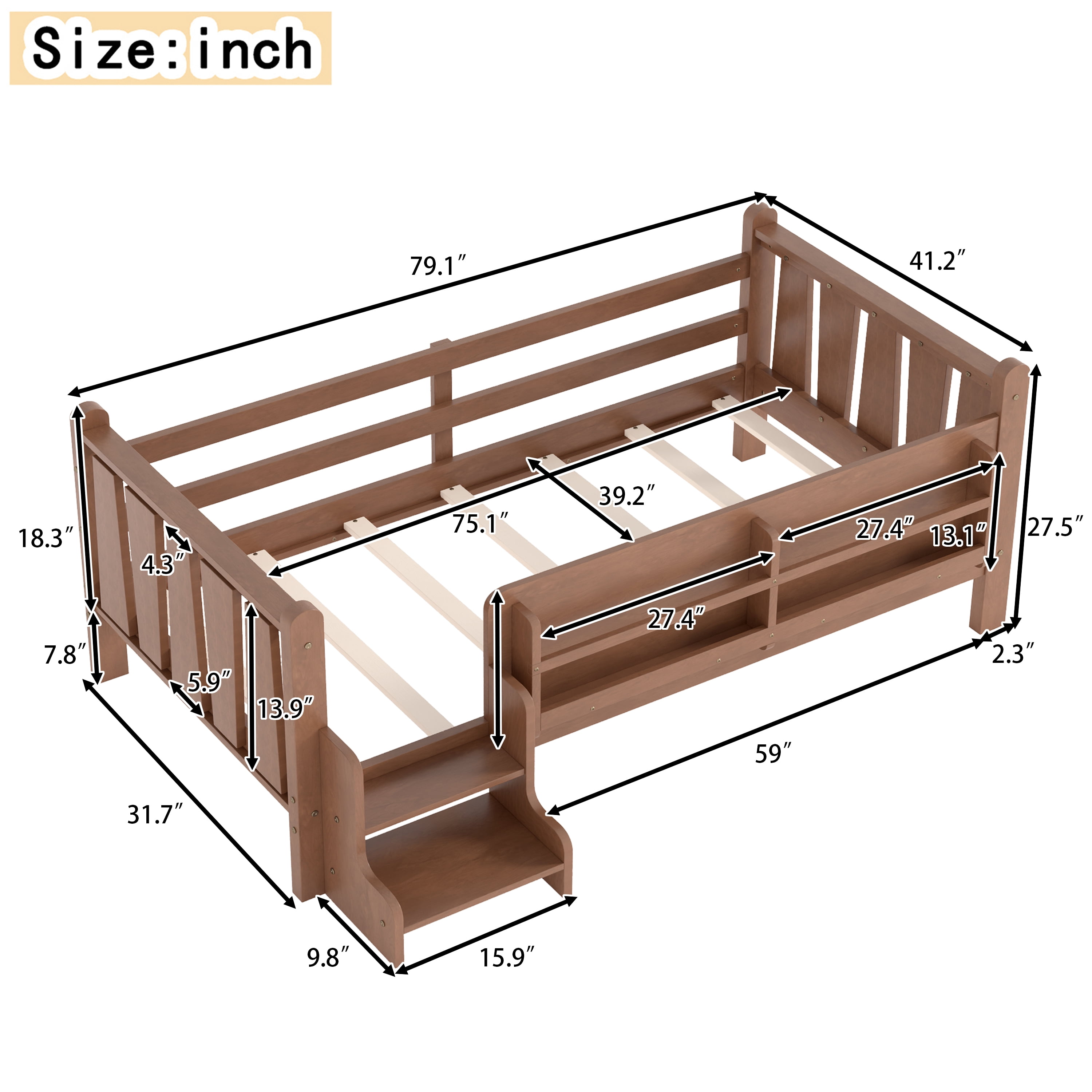 Miniyam Twin Size Kids Floor Bed with Guardrails and Bookshelves, Pine Wood & MDF Frame, Easy Access Step Ladder, Walnut