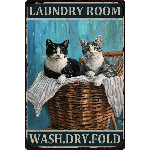Vintage Laundry Room Metal Sign with Cat Design Wash Dry Fold Aluminum Tin Poster for Bathroom Decor Kitchen Wall Art 8x12 Inch Rustic Home Decoration