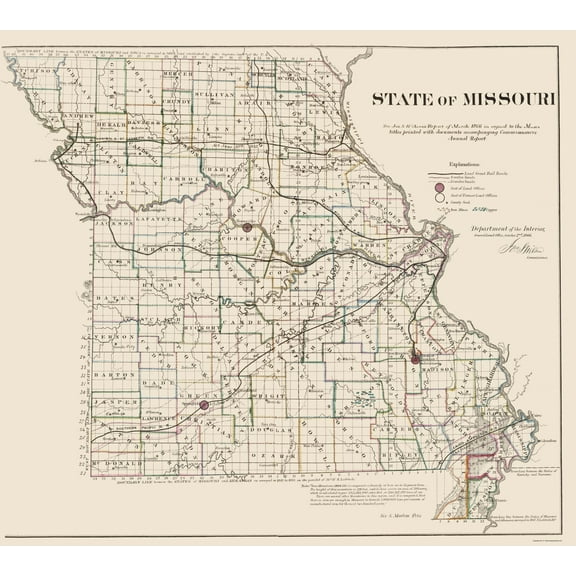 Historic State Map - Missouri - USGLO 1866 - Vintage Wall Art