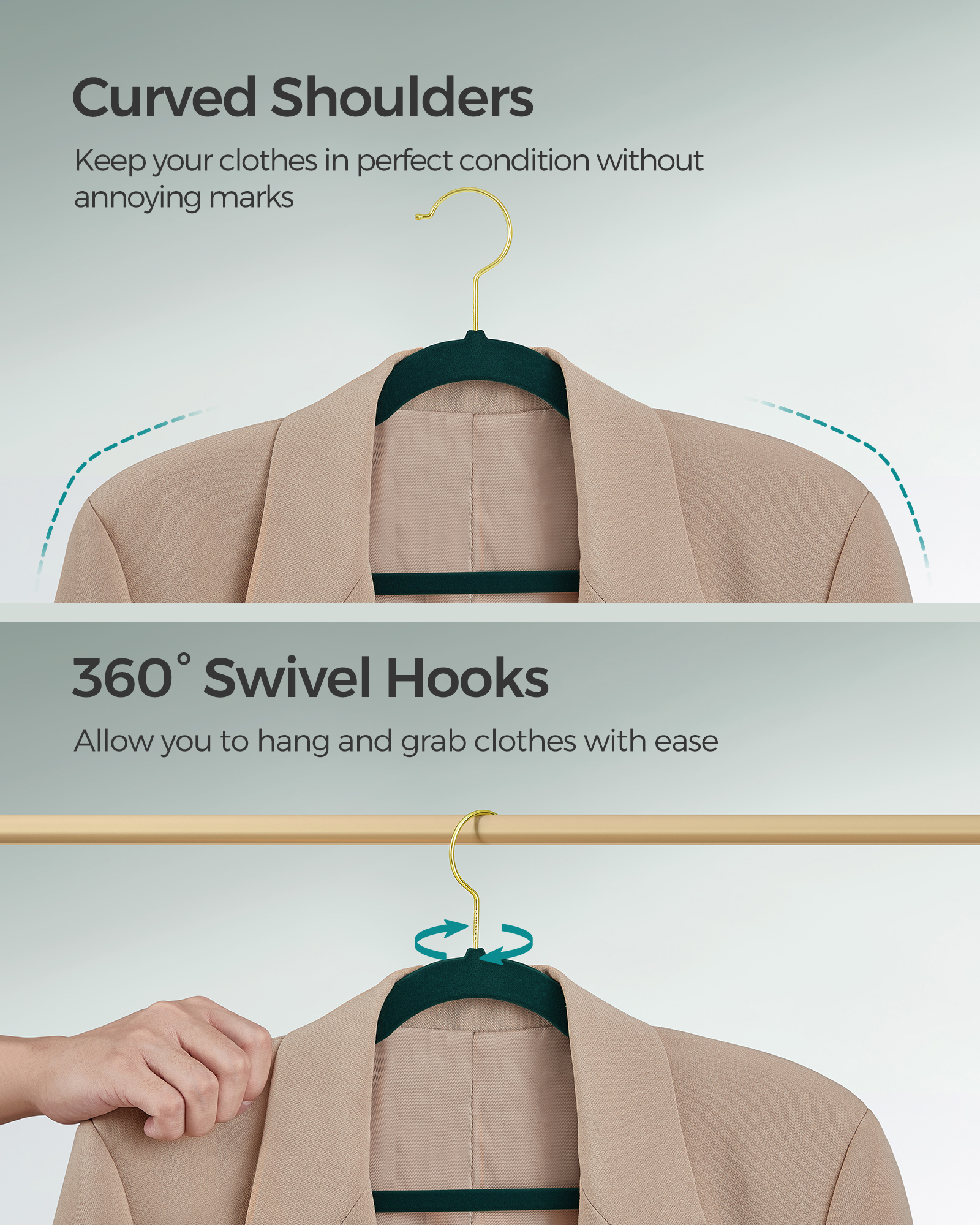 50-Pack Velvet Non-Slip Hangers with 360° Swivel Hook, Pants Bar & Shoulder Notches, Space Saving Closet Hangers, Forest Green