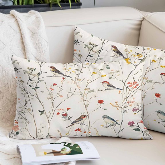 Spring Floral Pillow Covers 16"x24", Summer Birds Botanical Country Soft Brushed Microfiber Breathable Throw Pillow Covers, Decorative Pillowcase with Zipper for Couch Sofa Bedroom Living Room